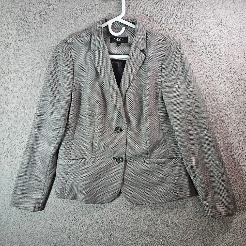 Talbots Wool Blend Blazer Suit Jacket Women 10 Petite 2-Button Gray Black Office